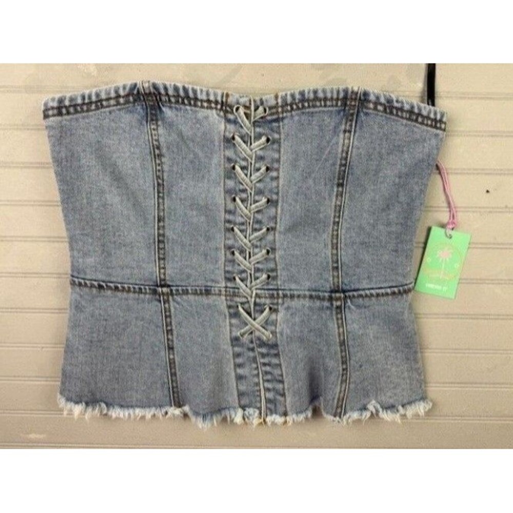 Forever 21 Size L Juniors Denim Jean Top Back Zip Strapless Lace Up Front